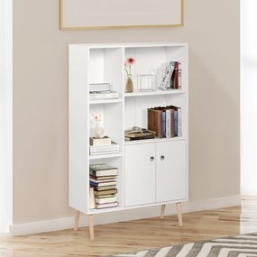 Estante escandinava, móvel de arrumação, 80 x 23,5 x 123 cm, 5 compartimentos abertos, armário com 2 portas, pés cónicos inclinados, madeira maciça, p