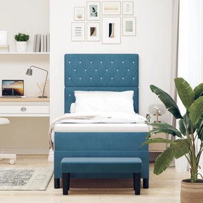 Cama Box Spring com Colchão e Banco Azul Escuro 90x200 cm Veludo