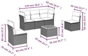 6 pcs conjunto sofás de jardim c/ almofadões vime PE preto