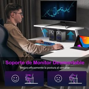 Secretaria computador em forma de L com tomadas eléctricas e Portas USB Gancho para auscultadores Estante para arrumação Branca