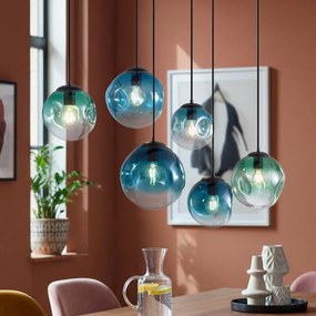 Candeeiro suspenso Art Deco preto com placa de teto oval e vidro verde e azul 6 luzes - Douglass