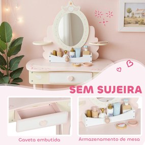 Toucador para Crianças com Banco Toucador com Espelho Gaveta e 7 Acessórios Rosa
