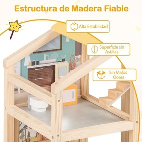 Casa de bonecas de madeira  60 x 30 x 75 cm com 7 quartos, 18 peças de mobiliário, 3 bonecos e 1 cão de estimação para maiores de 3 anos natural