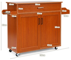 Carrinho de cozinha com rodas de borracha Armário grande e prateleira ajustável em 3 posições  116 x 40 x 85 cm Castanho