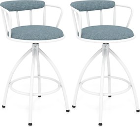 Conjunto de 2 bancos de bar giratórios estofados com encosto e apoio para os pés, estrutura metálica, para cozinha, bar, casa ou sala de jantar, azul
