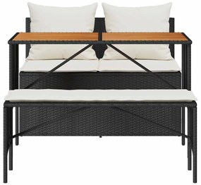 3 pcs conjunto de jantar p/ jardim c/ almofadões vime PE preto