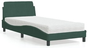 vidaXL Cama com colchão Dover 90x200 cm veludo verde-escuro