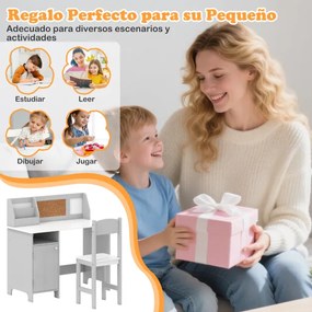 Conjunto de Secretaria e cadeira para crianças com quadro negro, marcador, prateleira e armário de armazenamento Cinzenta