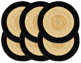 vidaXL Individuais de mesa 6 pcs juta e algodão 38 cm natural e preto