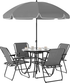 Conjunto de Mesa e Cadeiras de Jardim de 6 Peças com 4 Cadeiras Dobráveis Mesa de Vidro e Chapéu de Sol Cinzento
