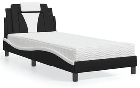 Cama com colchão 90x200 cm couro artificial preto e branco