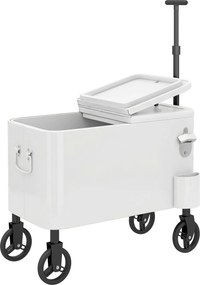 Outsunny Carro Frigorífico de 56L com Rodas Pega Ajustável Abre-garrafas Recolhe-tampas Dreno 75x35x120 cm Branco | Aosom Portugal