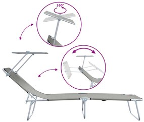 Espreguiçadeiras dobráveis 2 pcs com toldo em tecido Oxford cinza 600D