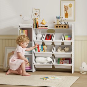 Móvel de arrumação para crianças dos 3 aos 8 anos 112,5 L x 30 P x 100 A cm, arrumação de brinquedos com 8 caixas removíveis, prateleiras de arrumação