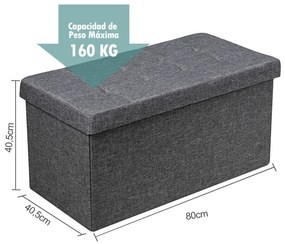 Banco dobrável com espaço para arrumação 80 cm x 40,5 cm x 40,5 cm com assento acolchoado cinza escuro