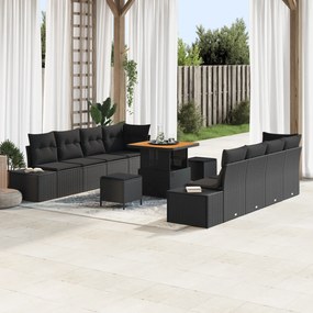 Conjunto de Sofá de Jardim de 11 Peças com Almofadas Preto Vime Poliéster Acácia