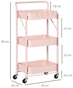 Carrinho Auxiliar com Rodas Dobrável Carrinho de Armazenamento de 3 Níveis com 4 Ganchos para Casa de Banho Cozinha Sala de Estar 43x31x89cm Rosa
