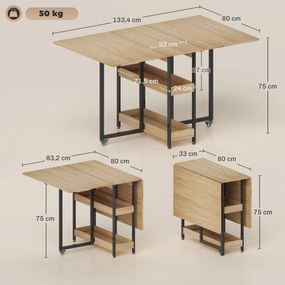 Mesa de jantar dobrável com rodas para 4 pessoas 133,4 x 80  x 75 cm (Desdobrada), com compartimentos abertos, ideal para espaços reduzidos cor carval