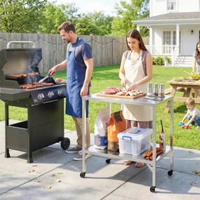 Carrinho de churrasco 85 x 60 x 92 cm com mesa de preparação para exterior, com bancada e rodas em aço inoxidável, prateado