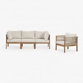 Conjunto De Sala Com Sofá Modular De 3 Peças Com Apoios De Braço E Poltrona Em Madeira De Acácia Branson Branco Gardênia - Castanho Acácia - Sklum