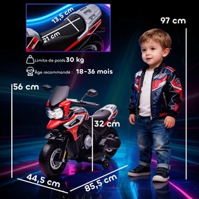 Moto Elétrica Infantil 6 V para crianças 18 a 36 meses, 85,5 x 44,5 x 56 cm, Rodas de Aprendizagem, Vermelho