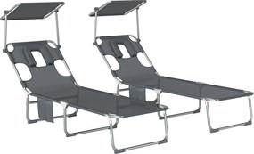Outsunny Conjunto de 2 Espreguiçadeiras Dobráveis com Dossel 360° Encosto 5 Posições Orifício Facial 188x56x27 cm Cinza Escuro | Aosom Portugal