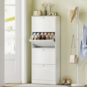 Sapateira com capacidade 60 x 23,5 x 153 cm para 24 pares, com 4 gavetas rebatíveis e prateleiras ajustáveis, branco