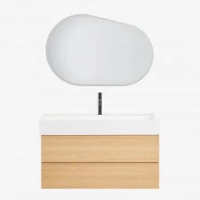 Conjunto De Móvel De Casa De Banho Em Madeira E Chapa De Freixo Com Lavatório Integrado Ona Madeira Natural & Oval Led E Anti-embaciamento - Sklum