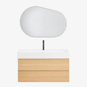 Conjunto De Móvel De Casa De Banho Suspenso Em Madeira E Folha De Freixo Com Lavatório Integrado Ona Madeira Natural & Oval Led E Anti-embaciamento 10