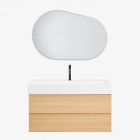 Conjunto De Móvel De Casa De Banho Suspenso Em Madeira E Folha De Freixo Com Lavatório Integrado Ona Madeira Natural & Oval Led - Sklum