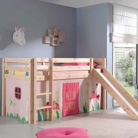 Conjunto Cama alta de Criança PINO 90 x 200 cm + estrado + escada + escorrega + cortina Primavera Natural