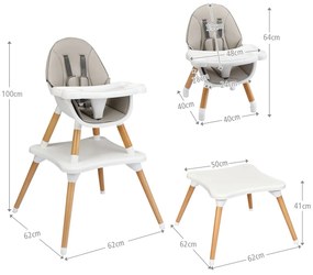 Cadeira alta bebé de madeira convertível 4 em 1 com arnês de 5 pontos com bandeja amovível e 4 posições ajustáveis e almofada de PU cinzento