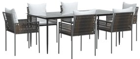 7 pcs conjunto de jantar p/ jardim c/ almofadões vime PE e aço