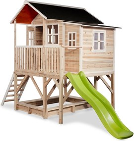 Casa de brincar infantil exterior para crianças Loft 550 em madeira com escorrega e caixa areia - Natural