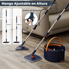 Conjunto de esfregona e balde com escorredor, para pisos lisos com 2 cabeças de esfregona e 9 panos de microfibra Sistema de limpeza azul