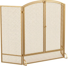 HOMCOM Guarda-Fagulhas para Lareira Dobrável de 3 Painéis em Metal com Porta Dupla para Casa 122x75 cm Dourado | Aosom Portugal