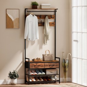 Móvel de Entrada Porta-Casacos e Sapatos, 80 x 30 x 181,5 cm, Organização 5 em 1, Castanho Rústico