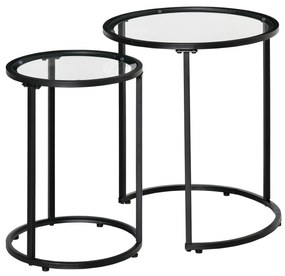 HOMCOM Conjunto de 2 Mesas Auxiliares com Estrutura de Metal e Bancada de Vidro Ø50x58 cm e Ø37x51 cm Preto | Aosom Portugal