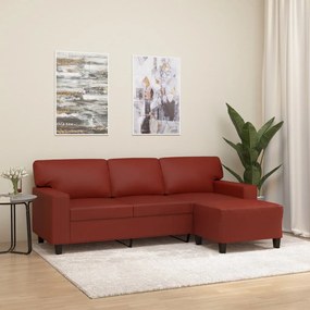 vidaXL Sofá 3 lugares c/ apoio pés 180 cm couro artif. vermelho tinto