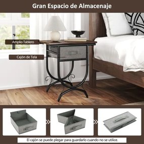 Mesa de cabeceira com gaveta de tecido, tábua de madeira e estrutura metálica 48 x 35 x 53 cm Castanho e cinzento