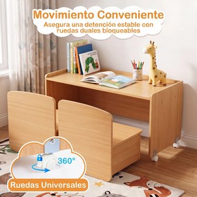 Conjunto Infantil 3 em 1, Armário, Secretária e 2 Cadeiras, 90 x 40 x 94 cm, Com Prateleiras Ajustáveis, Natural