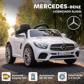Carro Elétrico Infantil Mercedes-Benz SL500 12 V com Telecomando 2,4 GHz, 2 Motores e Suspensão, Branco