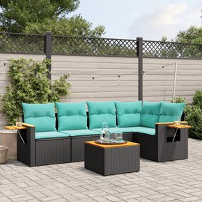 6 pcs conjunto de sofás p/ jardim c/ almofadões vime PE preto