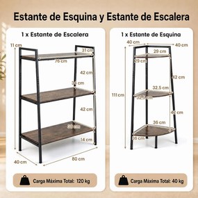 Conjunto de 2 Estantes de Arrumação Retangular e de Canto, 80 x 40 x 111 cm, Estrutura Metálica Resistente, castanho