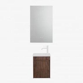 Conjunto De Móvel De Casa De Banho Suspenso Em Madeira Com Lavatório Integrado Narek Madeira Escura & Retangular Led E Anti-embaciamento - Sklum