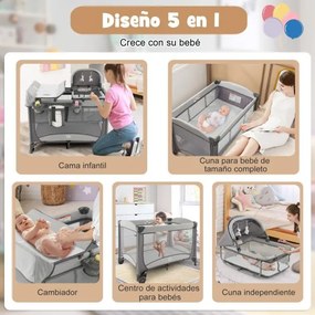 Berço e Centro de atividades bebés portátil 5 em 1 com berço de proteção, trocador de fraldas, colchão removível, 2 rodas, 110 x 78 x 78 cm, cinza