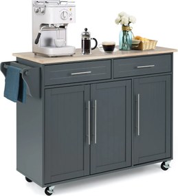 Carrinho de cozinha com rodas 121,5 cm x 45,5 cm x 92,5 cm, 2 gavetas, 2 armários, ilha de cozinha com rodas, porta-toalhas, facas, prateleira ajustáv