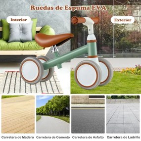 Bicicleta de equilíbrio para bebés de 1 a 3 anos com guiador e assento ajustáveis Brinquedo sem pedais para passear Verde