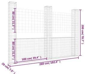 Cesto gabião em forma de U c/ 3 postes 260x20x200 cm ferro