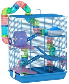 PawHut Gaiola para Hamsters com Túnel Comedouro Bebedouro Casa Rampas e Roda de Exercício 46x30x58 cm Azul | Aosom Portugal